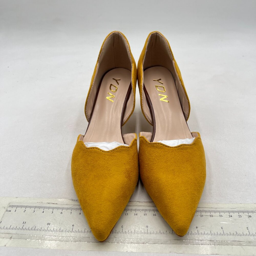 YDN Yellow Scalloped Pointed-Toe Kitten Heel D'Orsay Pumps - Picture 3 of 8